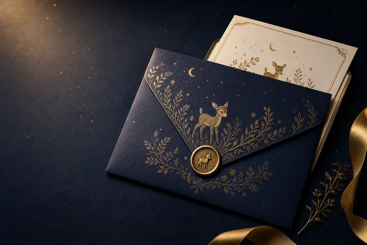 Concept for a grand Barakah Fables invitation in a substantial navy and gold envelope