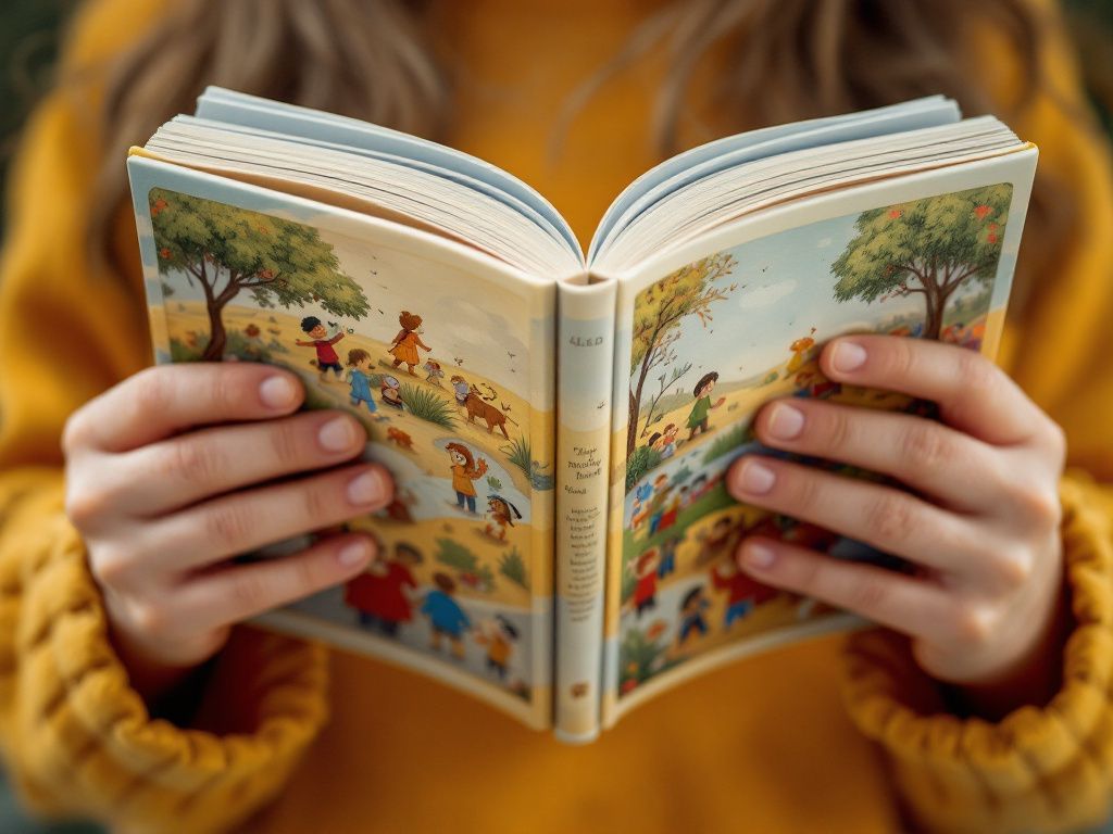 A child's hands holding an open printed Barakah Fables book