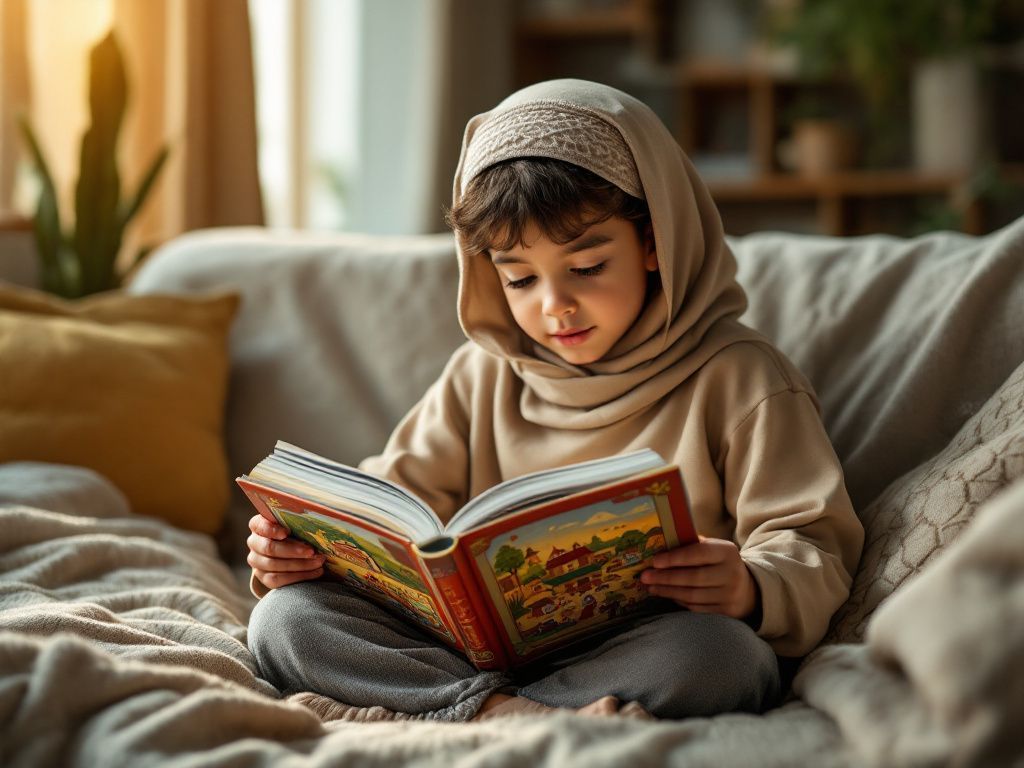 An open printed Barakah Fables book on a child's lap