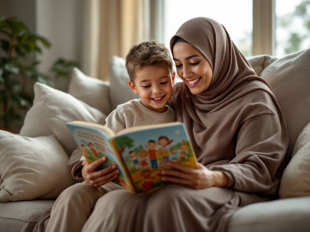 A grandparent and grandchild reading a printed Barakah Fables book together
